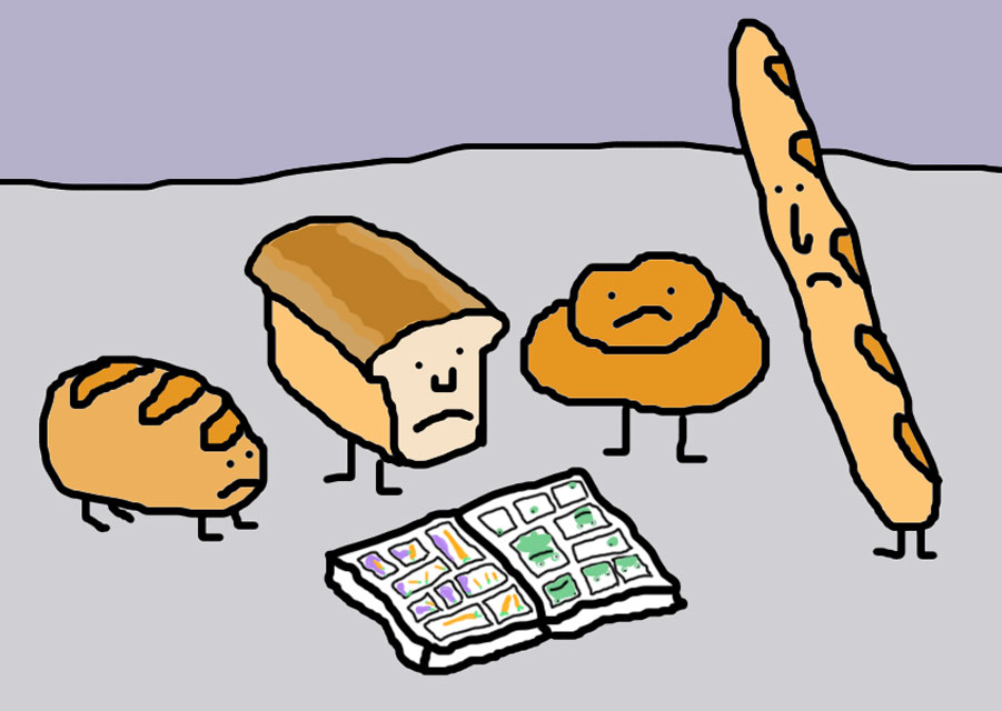 Various loaves of bread reading a comic